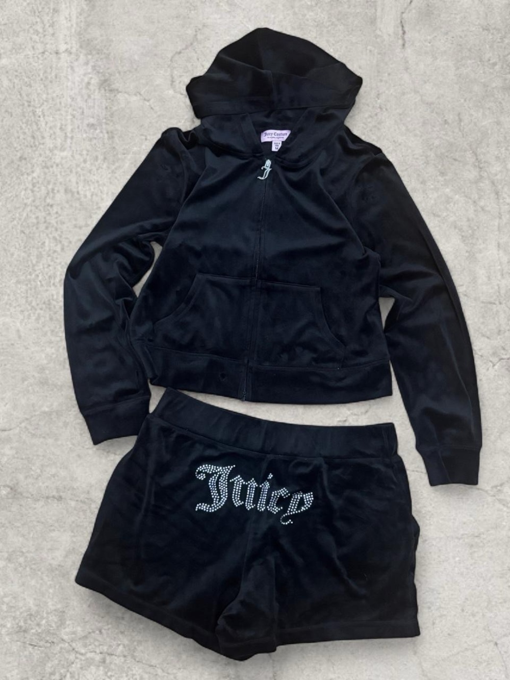 Juicy Couture Black Velour Hoodie & Shorts Set with Rhinestone Logo
